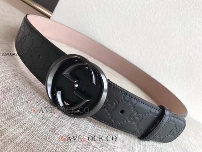 Gucci Black Leather Belt Classic Polish GG Buckle Slim